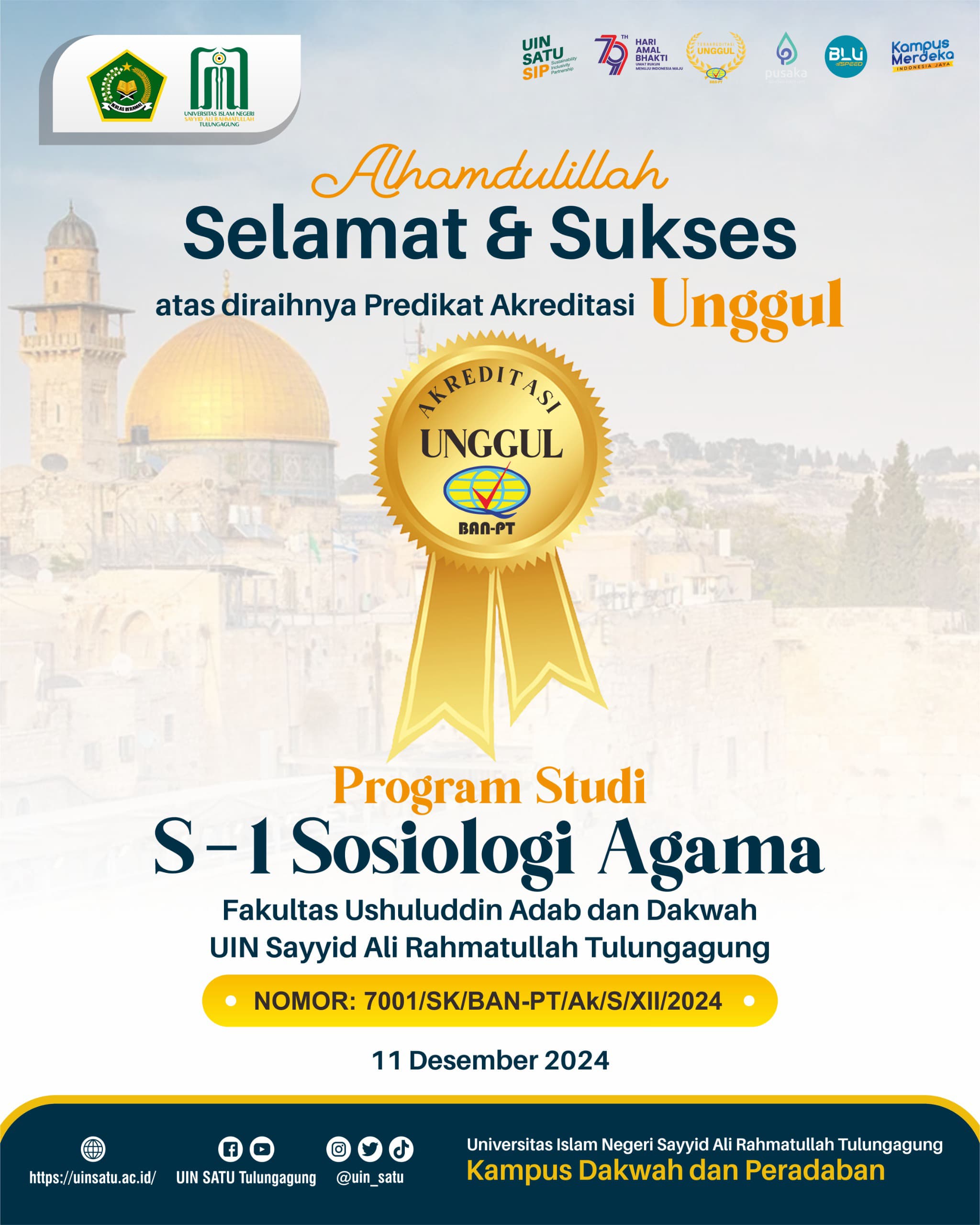 Program Studi Sosiologi Agama, Fakultas Ushuluddin, Adab dan Dakwah UIN SATU Tulungagung Raih Akreditasi Unggul