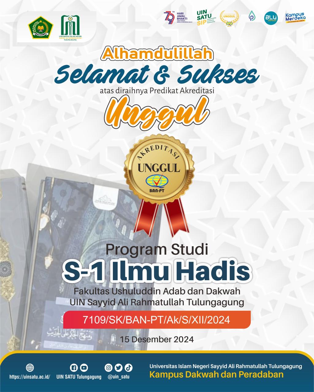 Program Studi Ilmu Hadis, Fakultas Ushuluddin, Adab dan Dakwah UIN SATU Tulungagung Raih Akreditasi Unggul